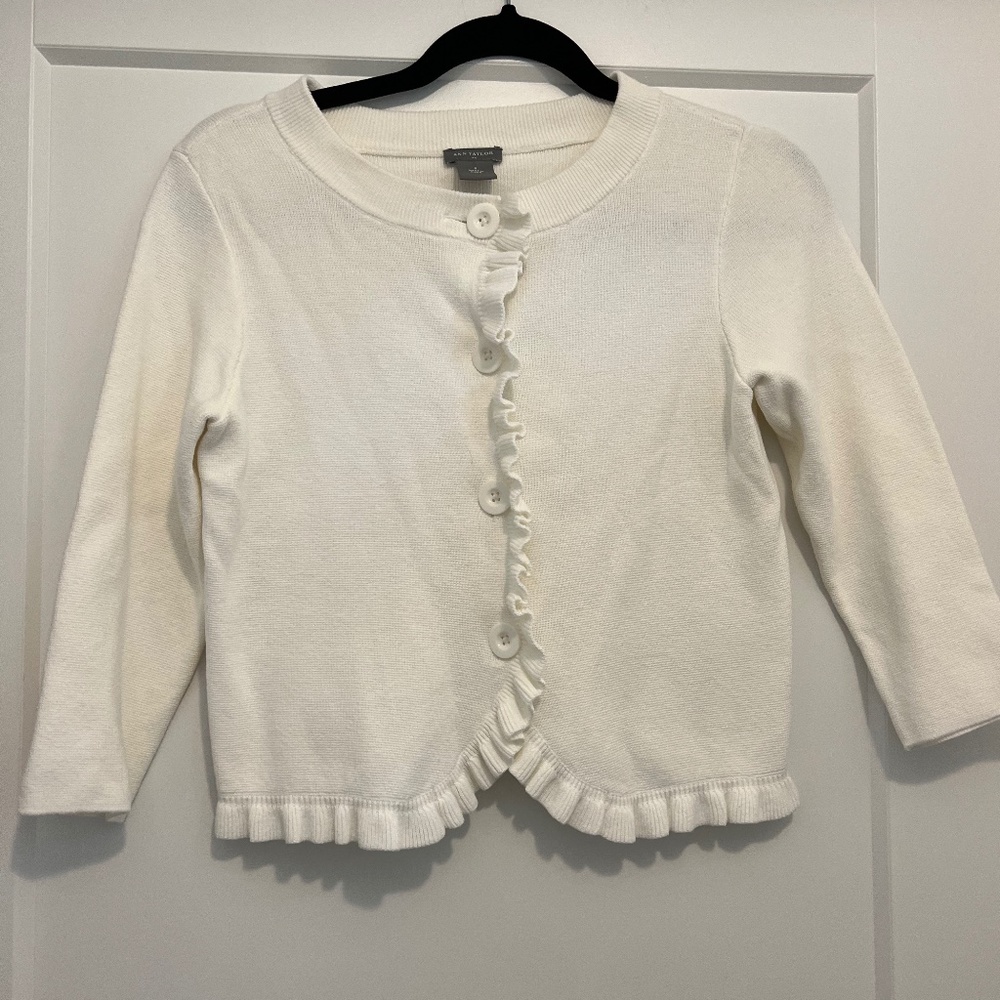 Ann Taylor womens white cardigan with ruffle detail